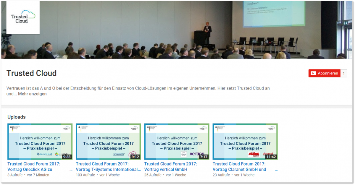 Ansicht des Trusted Cloud youtube Kanals